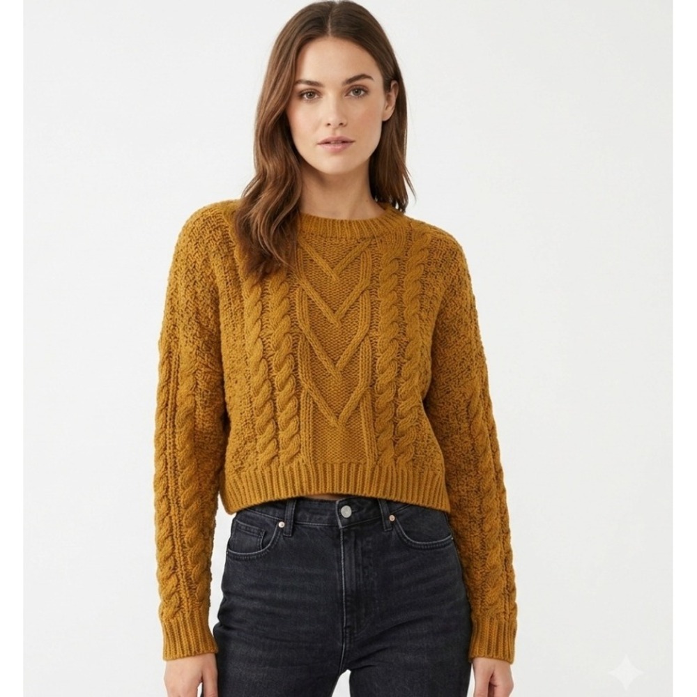 Altar'd State Cable Knit Sweater Womens Medium Mustard Yellow Cropped Boho Style